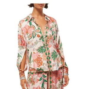 NWT Misa Roya Womens Casablanca Border Split Sleeve Floral Button Front Top Sz L